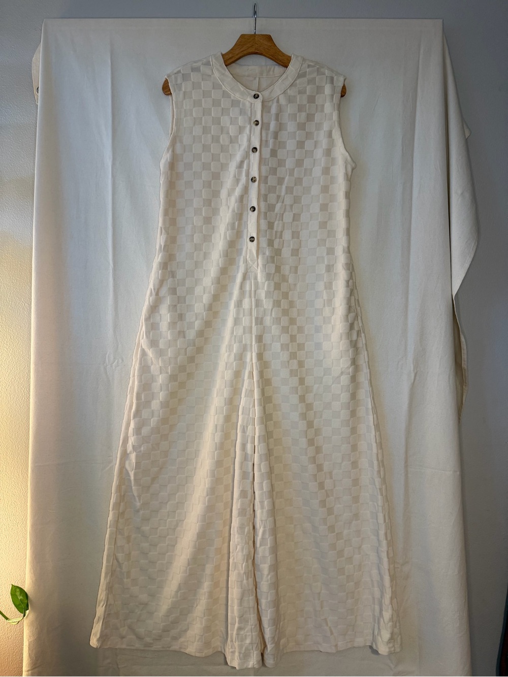 Sleeveless Cream Checkered Jumpsuit with Button Front Wide Leg